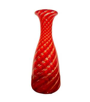Vaso in vetro soffiato a bocca estroflessa con spirali rosse e avventurina.Toso ,Murano.