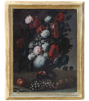 PITTORE ROMANO del XVII secolo – “Natura morta con fiori e frutta”