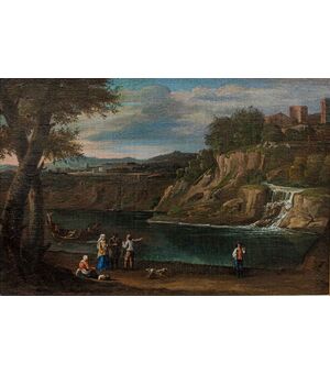 18th century, Landscape with figures on the bank of a river     