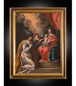 Dipinto antico olio su tela raffigurante il matrimonio mistico di Santa Caterina. Napoli XVIII secolo.