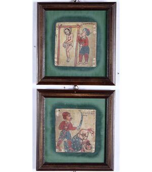 Due miniature su pergamena rappresentanti esecuzioni capitali Etiopia XVIII secolo 
