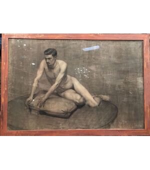 Disegno a carboncino di nudo maschile firmato “A. Peluzzi”