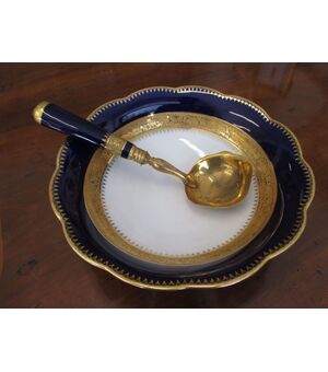 Centrotavola zuppiera con cucchiaio Limoges blu dorato in oro zecchino - 900
