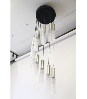 Lampadario chandelier Plafoniera anni 60 design murano e acciaio a sospensione . restaurato !! vintage 