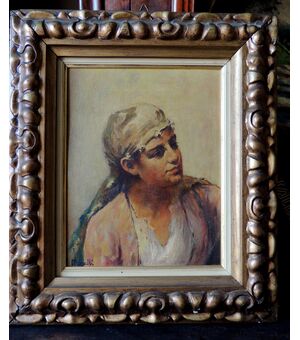 dipinto a olio di Morelli, ragazzo con turbante, cm 19 x 25