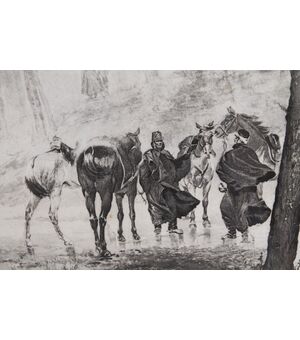 : Antique print depicting soldiers on horseback. "The attack". Italy, 19th century in frame!