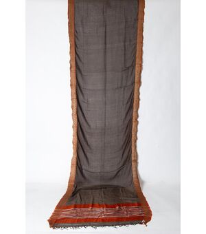 Antico Sari indiano colore marrone, bordo rosso mattone ed oro - B/1524