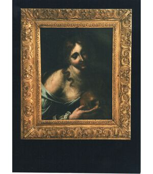 Vanitas, Maddalena penitente , olio su tela entro cornice antica lignea dorata.