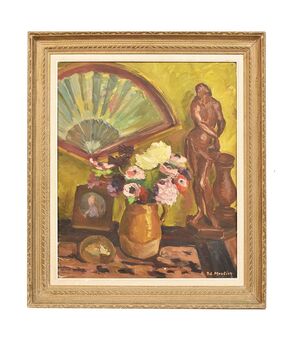  DIPINTI NATURA MORTA XX SECOLO, VENTAGLIO E ANEMONI, PITTURA AD OLIO SU TAVOLA. (QNM242)