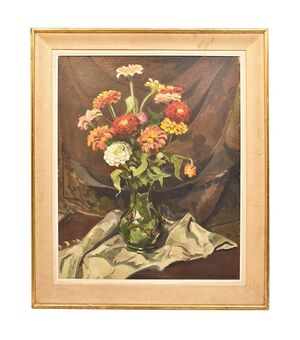 QUADRI FIORI, PRIMI NOVECENTO, VASO DI ZINNIE, OLIO SU FAESITE. (QF248)