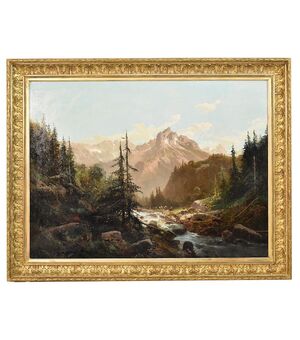 MOUNTAIN LANDSCAPES, SHEPHERD WITH FLOCK, OIL PAINTING ON CANVAS, DELL 800. (QP261)