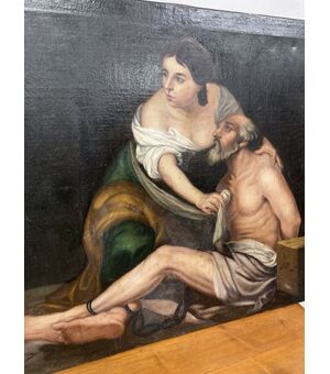 Importante grande olio su tela XVII sec , scuola Veneta, “ La Carità Romana “ 108 x 85 dipinto Antiquariato  