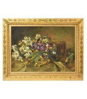 DIPINTI ANTICHI, NATURA MORTA CON FIORI, IRIS E MARGHERITE, PRIMI 900. (QF185) 