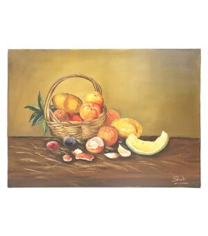 Quadro d'arredo dipinto olio su tela "cesto di frutta" firmato sec '900