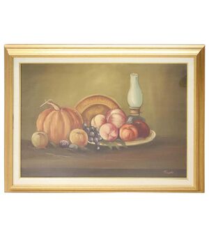 Quadro d’arredo dipinto olio su tela ” natura morta con frutta” firmato sec ‘900