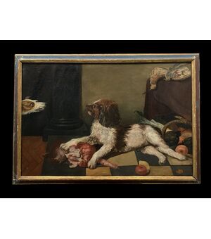 Flemish school (18th century) - Large still life with dogs     
