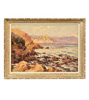 PAINTINGS OF LANDSCAPES, SMALL MARINA, OIL ON CANVAS, EARLY 20TH CENTURY. (QM288)     