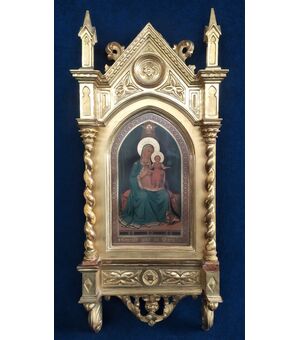 Neo-Gothic aedicule in gilded wood with central icon - Germany 19th century     