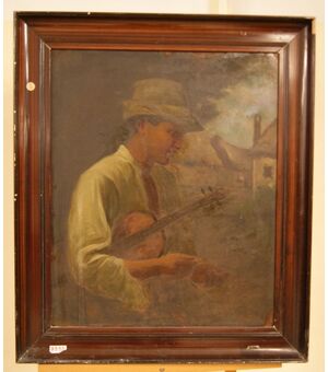 Antico quadro del 1900 olio su cartoncino "Ragazzo con chitarra"