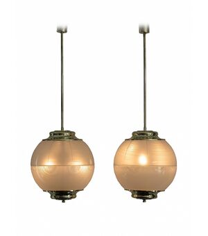 Pair of chandeliers "L/273", in brass and glass, design Chiaravallotti, 60s