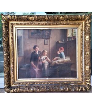 Dipinto olio su tela con cornice coeva scuola Belga epoca 1880/90 