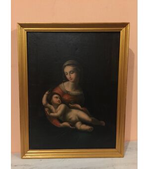 Dipinto olio su tela raff. Madonna con bambin Gesù