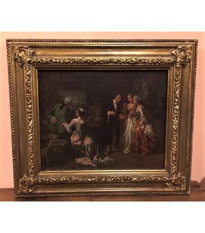 Dipinto olio su tela raff. scena nobiliare all'interno di un antiquario