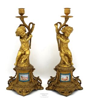 Ancient Pair of Candelabra Candlesticks Napoleon III in gilded bronze and painted porcelain - period 800     