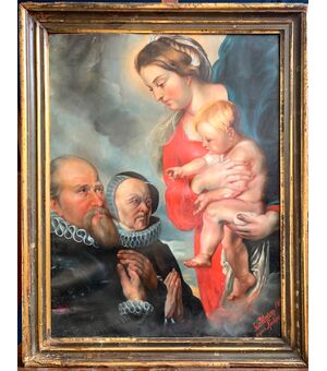 PAINTED &quot;MADONNA WITH CHILD&quot; SIGNED E. BLONDEAU 1885 - COPY OF RUBENS     