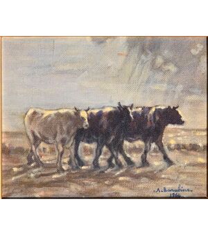 DIPINTO OLIO SU TELA “RITORNO DAL PASCOLO” DI A. BARABINO DEL 1964