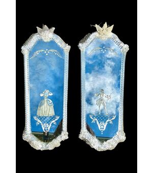Pair of mirrors in glass with mirror engraved with male and female characters.Murano.     