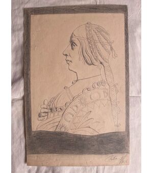 Disegno a matita su carta con profilo di donna rinascimentale.Firma F.Pietra 1906.