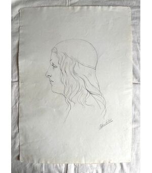 Pencil drawing on paper, Renaissance woman face Arturo Pietra, Bologna.