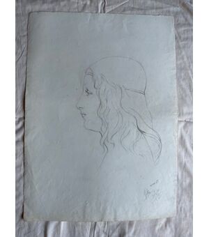 Disegno a matita su carta, profilo di donna rinascimentale.Arturo Pietra.Bologna.Data 1900.