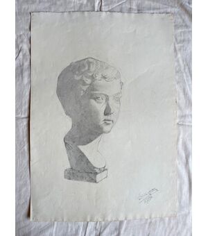 Disegno a carboncino su carta raffigurante busto marmoreo di fanciullo.Firma:Federico Pietra 1914.Bologna.