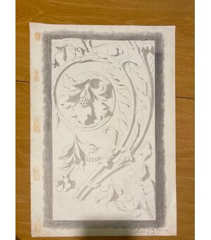 Pencil drawing on paper depicting a rocaille frieze Signed by G.Bonora Bologna (also signed by the school president, the painter Raffaele Faccioli)