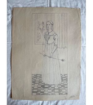 Disegno a china su carta con figura femminile rinascimentale con piuma.Arturo Pietra.Bologna 1927.