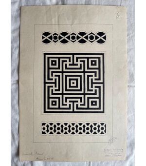 Disegno a china su carta raffigurante motivi geometrici.Firma Mario Leonardi,1915.