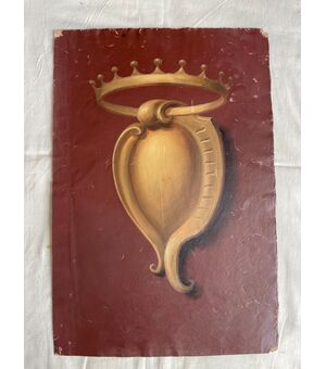 Oil painting on cardboard depicting a coat of arms.