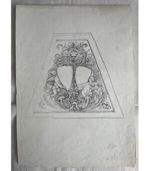 Pencil and ink drawing on paper with sketch of a noble coat of arms Arturo Pietra.     