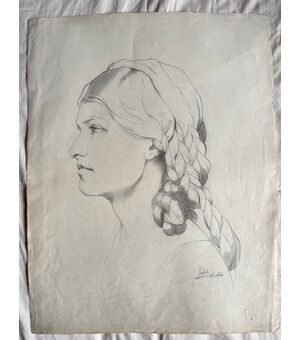 Disegno a matita su carta, profilo di donna rinascimentale.Arturo Pietra.Bologna.