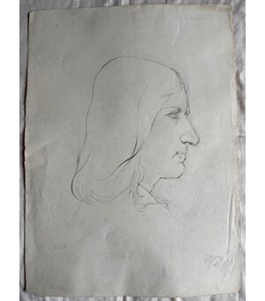 Disegno a matita su carta, profilo di uomo rinascimentale.Federico Pietra.1910.Bologna.