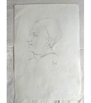 Disegno a matita su carta con profilo di figura maschile rinascimentale.Firma A.Santi.