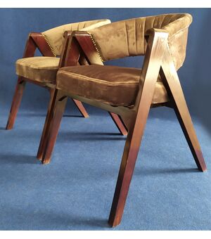 Pair of vintage armchairs in wood and brown velvet - Italy, 20th century     