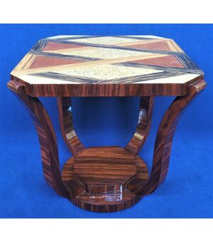 Tavolino quadrato stile Art Deco in radica - geometrie policrome