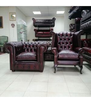 Chesterfield club armchair and Queen Anne chesterfield armchair in antique burgundy red leather of new construction     