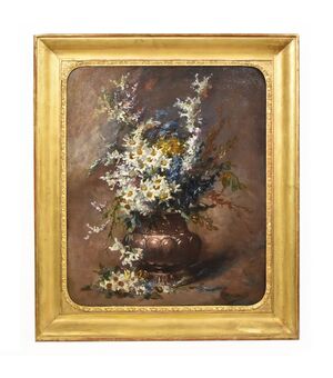 ANCIENT PAINTINGS, STILL LIFE WITH FLOWERS, VASE OF DAISIES, OIL ON CANVAS, DELL 800. (QF393)     