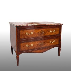 Antique Louis XVI Neapolitan chest of drawers in precious exotic woods with marble top. Period XVIII century.     