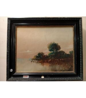Olio su tela raffigurante lago con aironi inglese del 1800