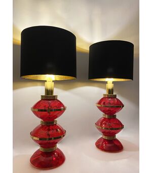 Lampade da tavolo - anni '70 - vetro rosso e ottone